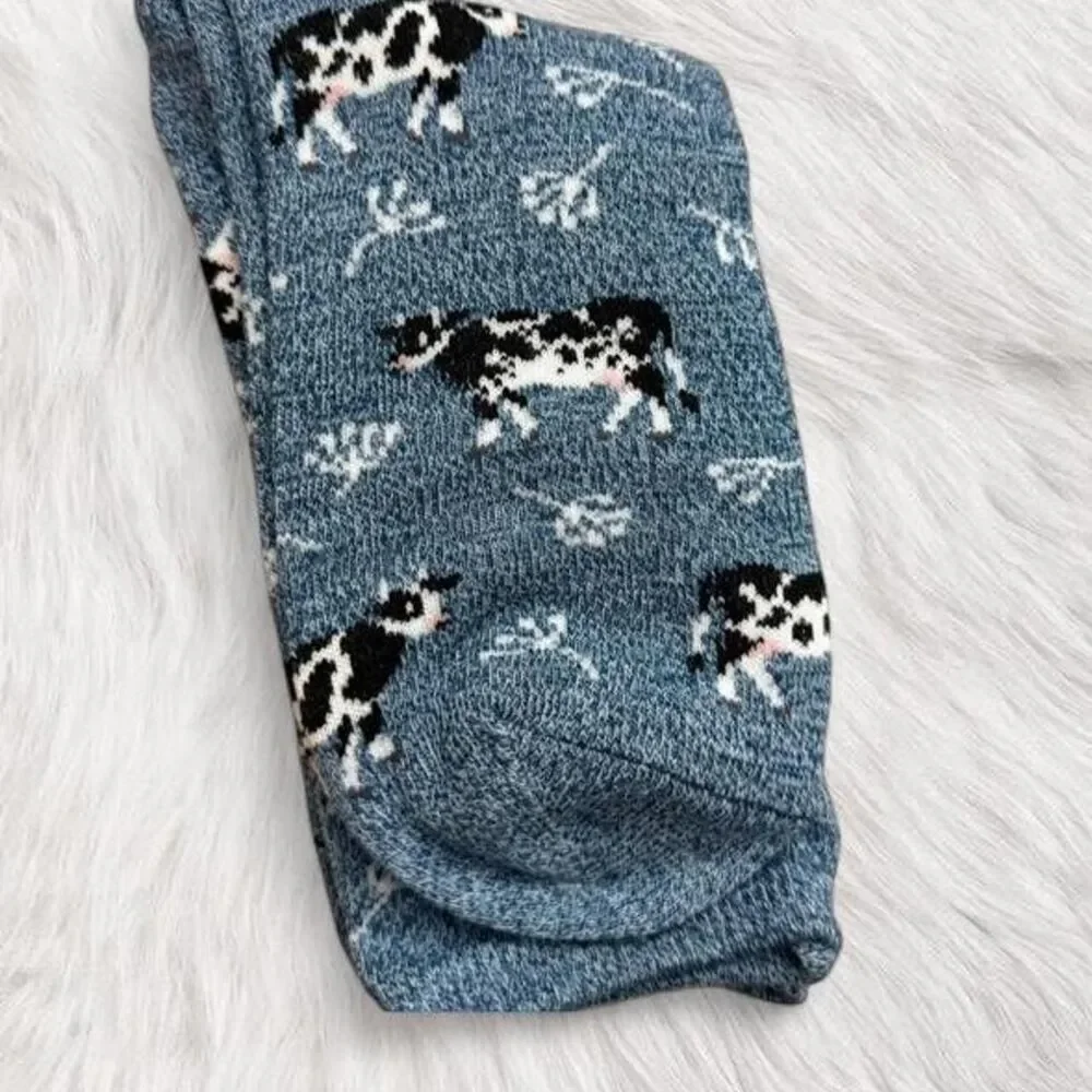COW cottage core funny Blue and white cow print cotton socks- one size